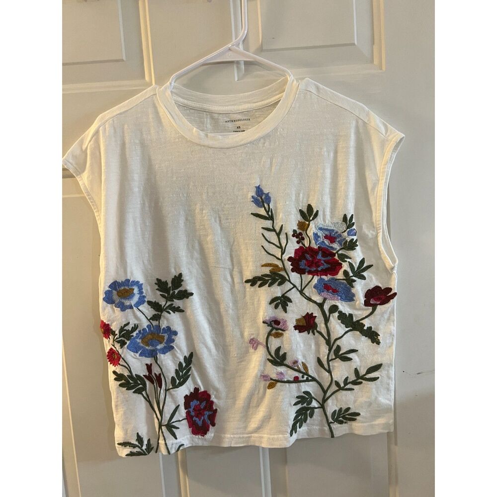 Anthropologie White Floral Embroidered Cropped Short Sleeve Top Cotton XS Boho